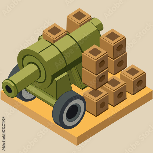 Isometric illustration of artillery cannon with shell crates