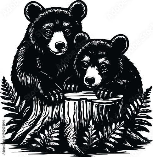 Black Bear Cubs | Bear on Tree Stump Silhouette Clipart | Forest Animal Scene