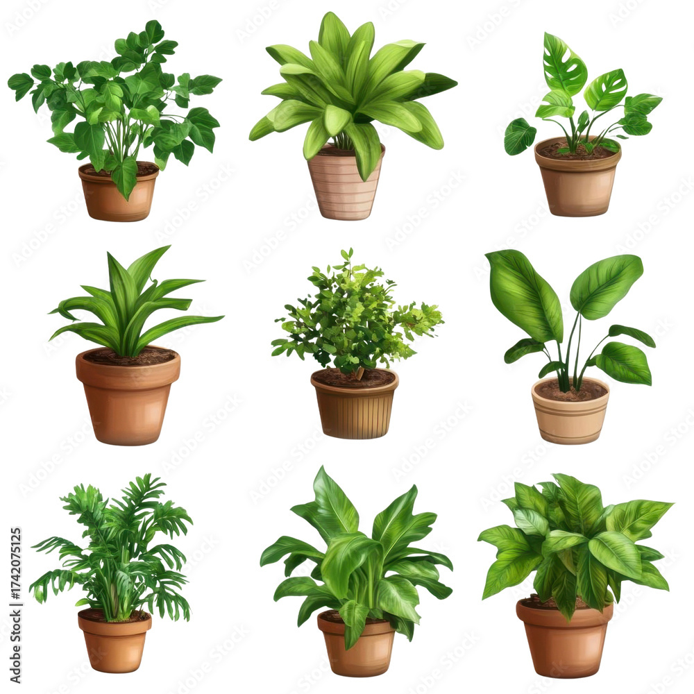 Fototapeta premium AI Image Decorative green plants in terracotta pots arranged on a dark background creates a