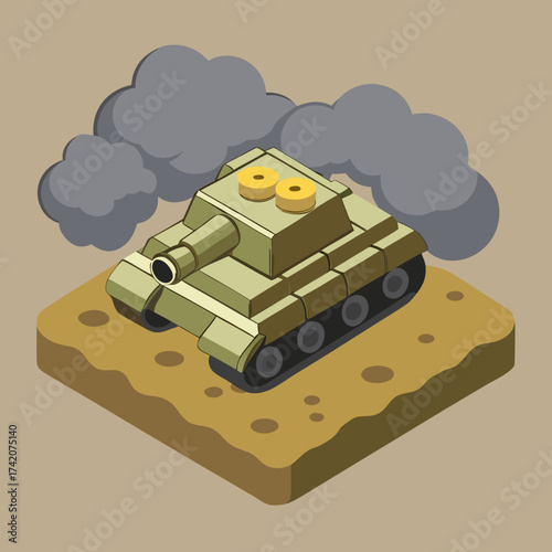 Isometric Tank on Muddy Terrain with Plumes of Smoke