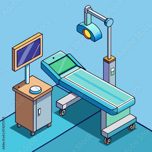 Isometric view of a surgical lamp and operating table