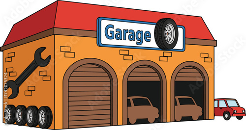 Cartoon car garage building with vehicles, repair tools, spare wheels, automotive service shop exterior, mechanic workshop illustration, transportation maintenance concept
