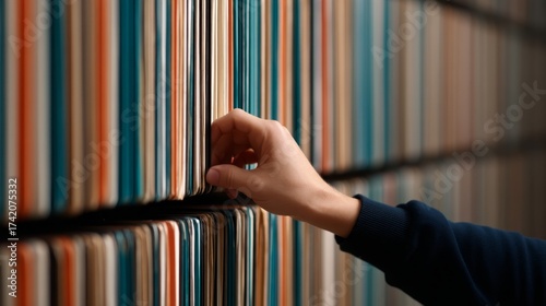 Human resource file management, survey statistics data, Capturing the Past: Close-up of Hands Flipping Through Employee Records in Archive with Copy Space for Text