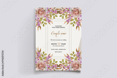 WEDDING INVITATION FRAME WITH FLOWER DECORATIONS AND FRESH LEAVES