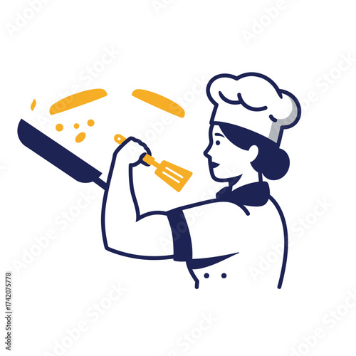 A culinary artist skillfully flips pancakes in a frying pan, creating a delicious breakfast meal with a smile.