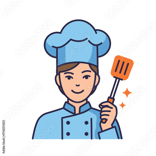 A smiling chef in a blue uniform and tall hat holds a spatula, ready to prepare delicious food.