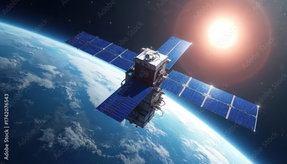 Obraz premium Satellite orbiting Earth with solar panels. Spacecraft captures sunlight. Blue planet horizon view from space. Digital tech illustration on innovation, space exploration, cosmic technology concept.