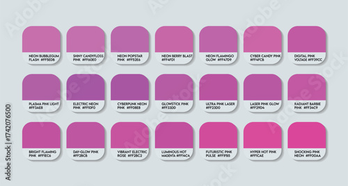 Neon Pink Color Guide Palette with Color Names. Catalog Samples Neon Pink  with RGB HEX codes and Names. Pink Colors shades Vector, Light Pink Color Palette, Newly Fashion Trend Pink Color shade tones