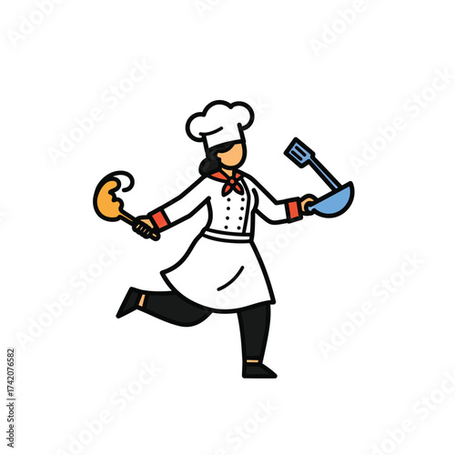 A cheerful chef in uniform runs with cooking utensils, ready to prepare delicious cuisine with enthusiasm and energy.