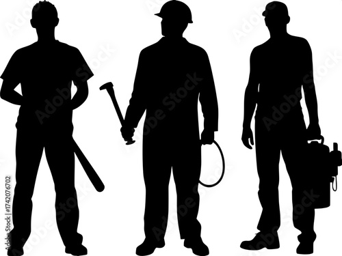 Vector-style silhouettes of three male figures, each in different postures: a baseball batter, a mechanic, and a standing worker. Clean white backdrop, strong contrast, modern minimal aesthetic.