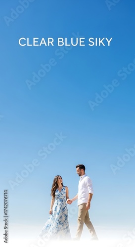 Couples Romantic Walk Under a Clear Blue Sky - Love and Happiness.