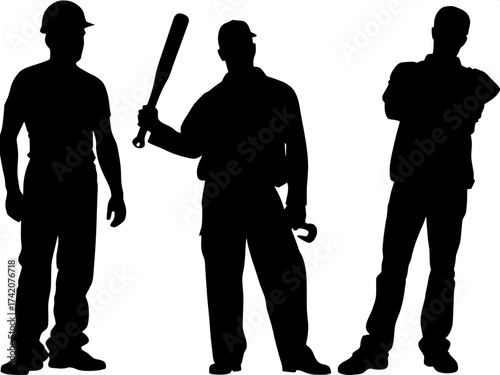 Vector-style silhouettes of three male figures, each in different postures: a baseball batter, a mechanic, and a standing worker. Clean white backdrop, strong contrast, modern minimal aesthetic.
