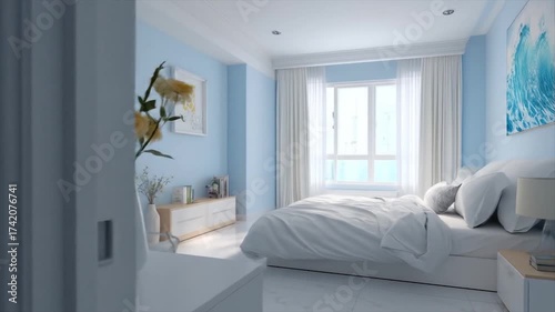 Modern interior design with blue walls and white furniture