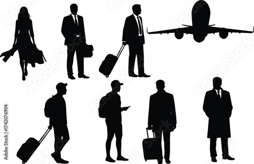 Airplane travel silhouettes, passengers with luggage, business traveler, casual commuter, airport journey, global tourism, mobility, diversity, transportation, vacation, tourism lifestyle
