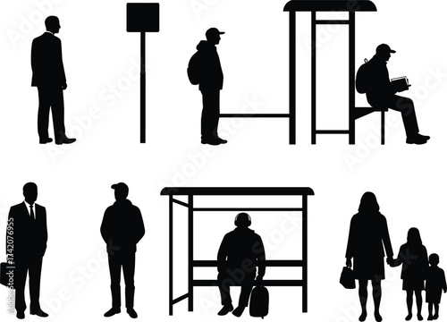 Bus stop silhouettes, commuters waiting, travelers with luggage, family with children, urban transportation, daily commute, public transit, journey, mobility, lifestyle, diversity