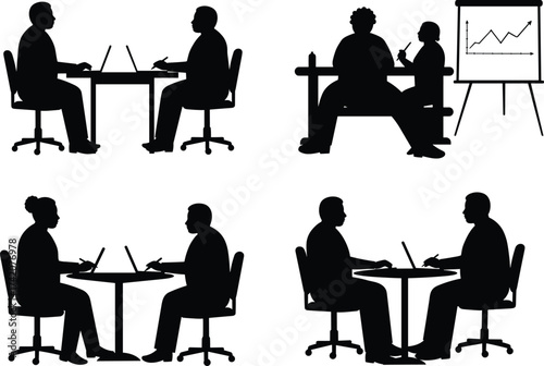Business meeting silhouettes, teamwork, office collaboration, interview, presentation, laptop, microphone, discussion, professional communication, workplace strategy, corporate planning, productivity