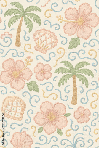 Soft, hand-stitched tropical knit pattern featuring beige and blush hibiscus flowers, green palm trees, and woven seashells. Ideal for fabric, wallpaper, or digital backgrounds