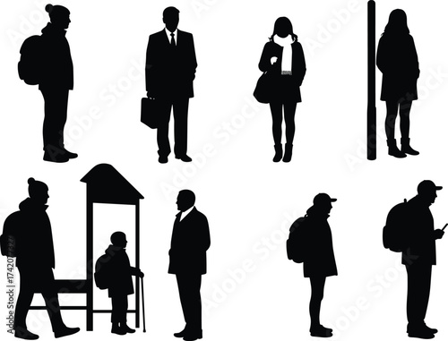 Commuter silhouettes, people waiting at bus stop, travelers with luggage, family with child, urban transportation, daily commute, mobility, diversity, lifestyle, journey