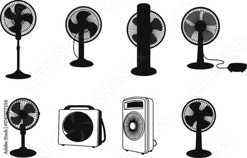 Electric fan silhouette, black vector clipart, cooling device icons, pedestal fan, tower fan, box fan, portable air cooler