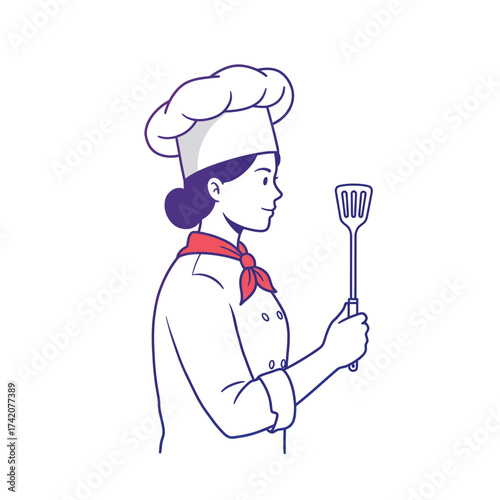 A female chef in uniform holds a spatula, ready to prepare delicious culinary creations in the kitchen.