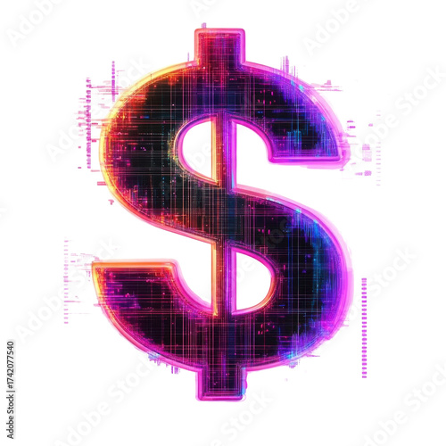 AI Image: Digital dollar sign with abstract neon circuitry on black background creating a