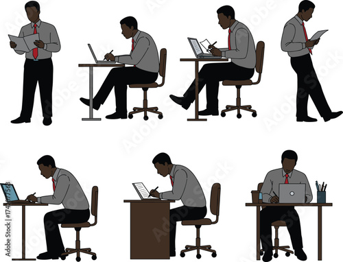 Office activity illustration, business posture silhouette, reading document, laptop work gesture, writing clipboard, desk setup, professional clipart, working scene