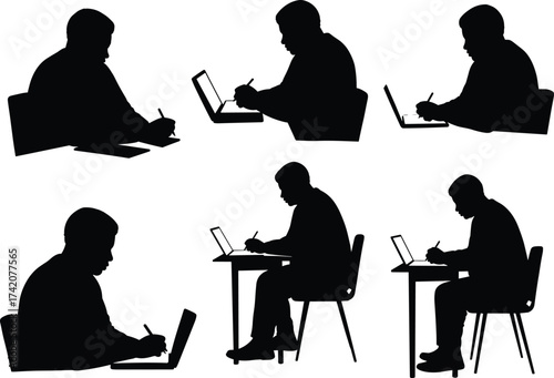 Laptop writing posture, desk silhouette, black vector clipart, seated figure, productivity setup, study moment, office workspace, remote work icon