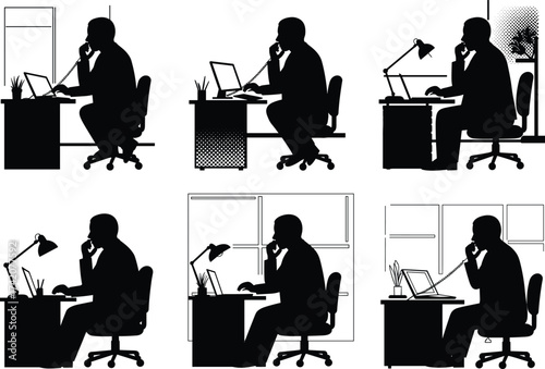 Laptop work silhouette, focused posture, desk setup, remote office, black vector clipart, productivity scene, thinking moment, home workspace, concentration icon