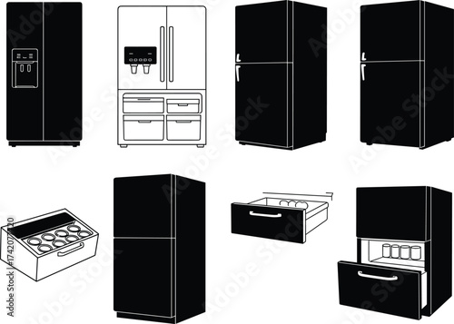 Refrigerator designs, French door, side by side, bottom freezer, top freezer, refrigerator drawers, storage compartments, modern kitchen appliances, household equipment illustration