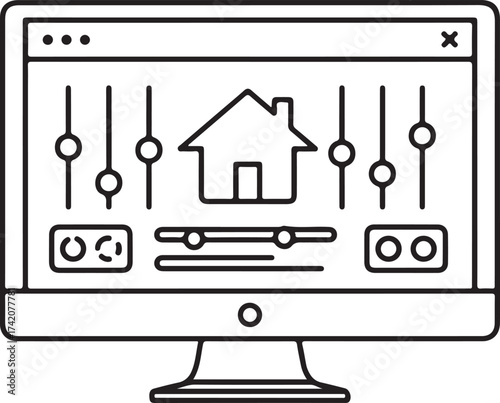 Vector art of computer monitor displaying a house icon with sliders and controls, symbolizing smart home automation and system settings