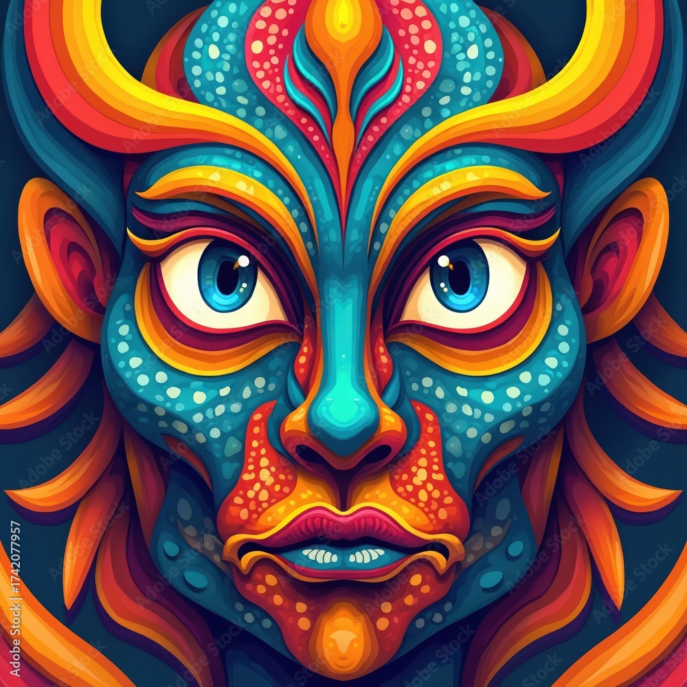 Naklejka premium Colorful abstract face art digital illustration displays vibrant design. Stylized creature mask big blue eyes, intricate patterns, bold hues. Red lips, orange horns, blue dotted skin. Psychedelic