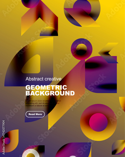 Vibrant geometric shapes overlap yellow, purple gradients. Text promotes abstract creative background design. Button invites further exploration.