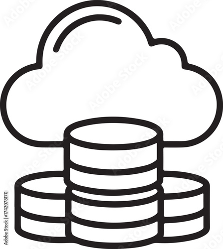 Vector art of cloud storage icon with stacked coins, representing data storage and financial transactions in the cloud