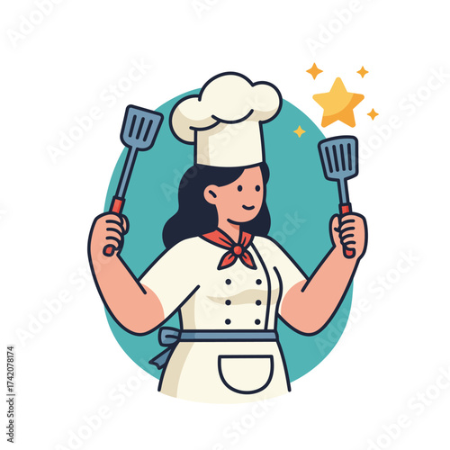 An expert female culinary artist, wearing a classic chef's hat and uniform, confidently displays her cooking tools with a touch of magic.
