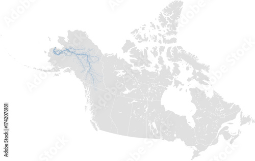 Yukon river system – rivers vector map of North America highlighting main stem, primary and secondary tributaries (LCC, scaled by river size, PPT-compatible, multi-layered & fully editable)