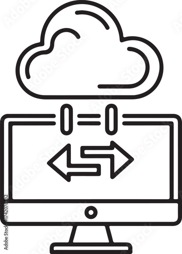 Vector art of computer monitor displaying cloud icon with arrows indicating data transfer, symbolizing cloud computing and synchronization