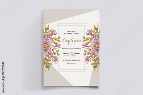 WEDDING INVITATION FRAME WITH FLOWER DECORATIONS AND FRESH LEAVES
