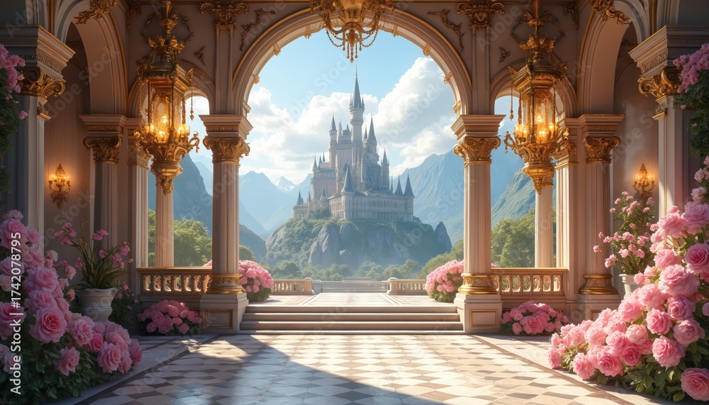 Obraz premium Ornate palace balcony overlooks majestic castle on mountain peak. Pink roses frame opulent interior with grand columns. Sunlight shines on fantasy landscape with blue sky.