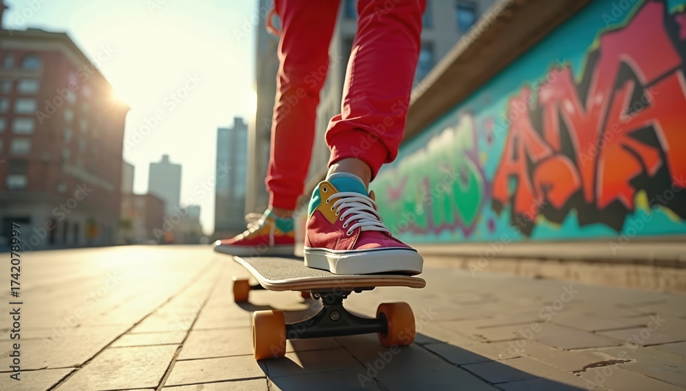 Obraz premium Young person rides skateboard on city street. Bright colorful sneakers, red pants visible. Graffiti art wall in background. Urban buildings stand under sunny sky. Scene shows youth lifestyle, extreme