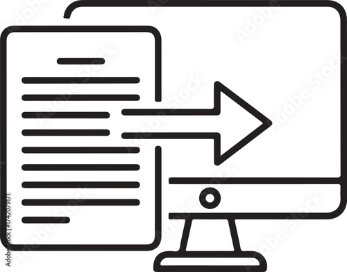 Vector art of icon showing a document with text being transferred to a computer screen via an arrow, symbolizing data transfer or digital submission
