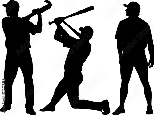 Trio of male silhouettes in action poses: a baseball player mid-swing, a mechanic holding a wrench, and a worker standing at rest. Black shapes on white background, simple vector illustration style.