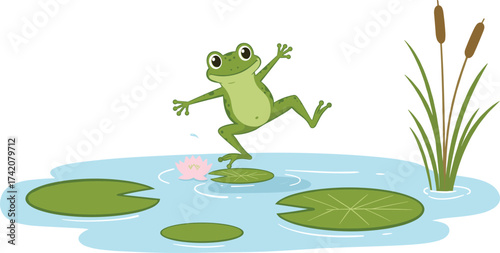 Cartoon green frog balancing on lily pad in pond, water plants, pink lotus flower, amphibian wildlife, playful nature scene illustration.