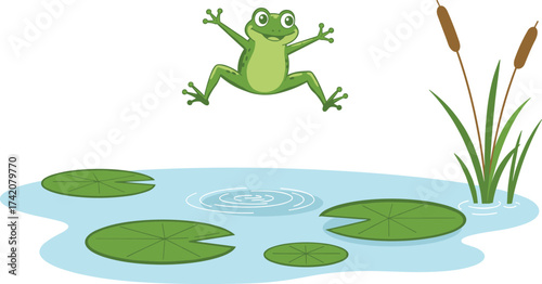 Cartoon green frog jumping into pond with lily pads, water splash, wetland plants, amphibian nature scene, wildlife habitat, playful illustration.
