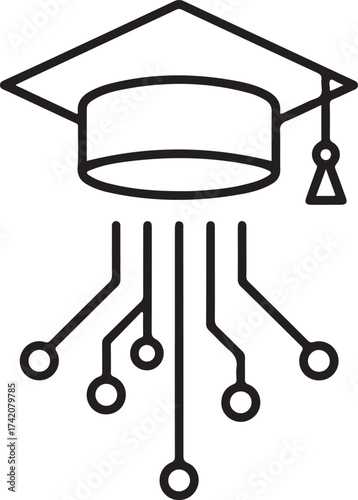 Vector art of line art icon of a graduation cap with electronic circuit lines extending downwards from it