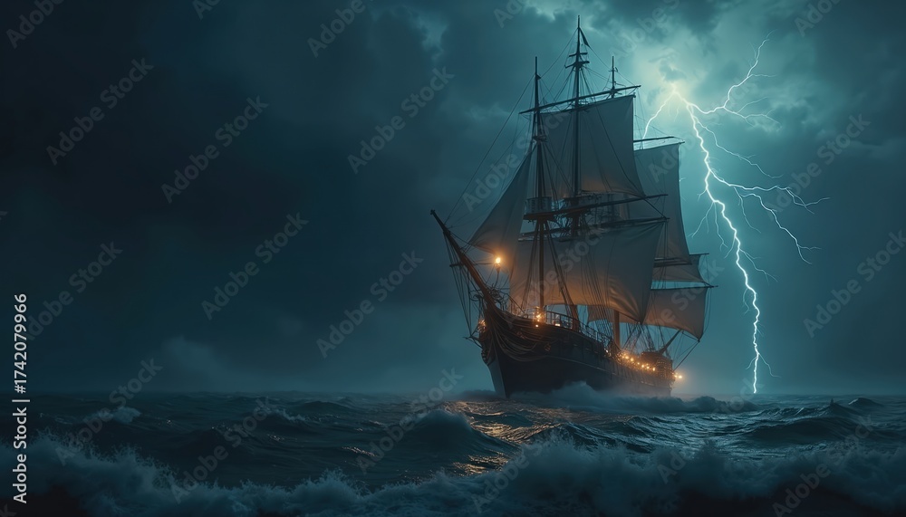 Obraz premium Old sailing ship navigates rough sea during lightning storm. Vessel with lit windows braves tempestuous ocean waves under dark dramatic sky.