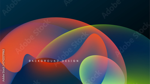 Abstract fluid shapes overlap, creating vibrant color gradients. Dark background emphasizes bright hues, modern design element.