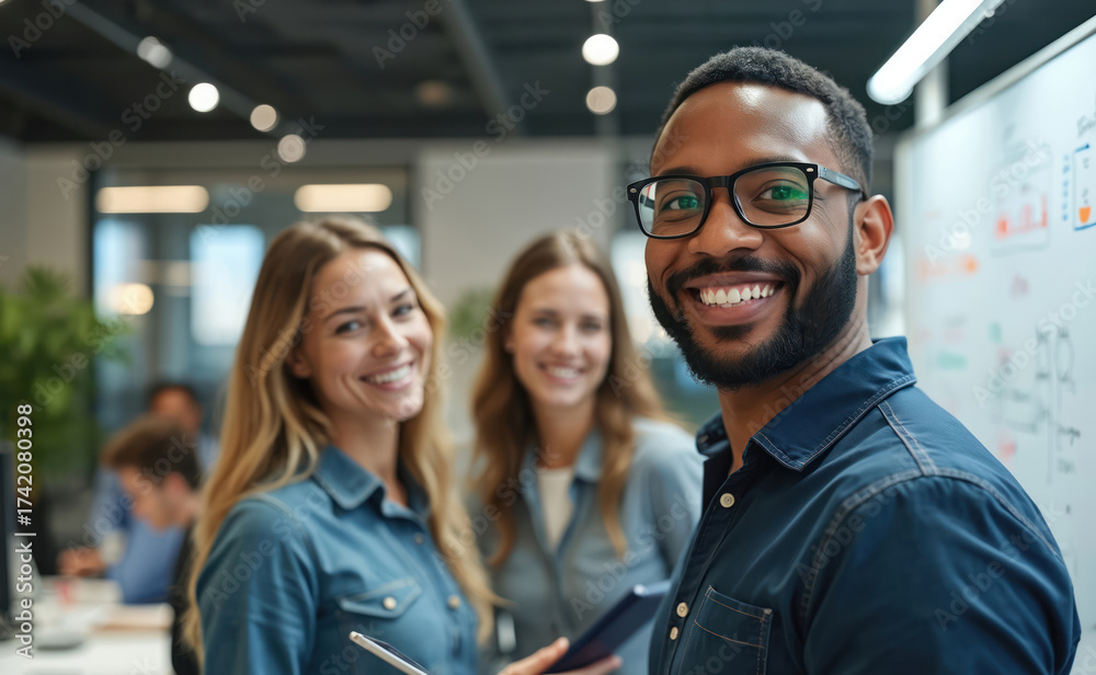 Obraz premium Diverse team collaborates in modern office. Professionals smile, plan projects, and foster innovation. They work together for success and growth in a dynamic workspace.