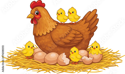 Cartoon hen with baby chicks, cute farm poultry illustration, mother chicken with eggs in nest, happy animal family, adorable vector art