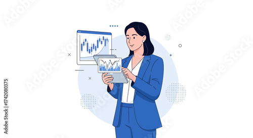 Analyst Woman Analyzing Financial Data Charts on A Computer and A Tablet Digital Devices
