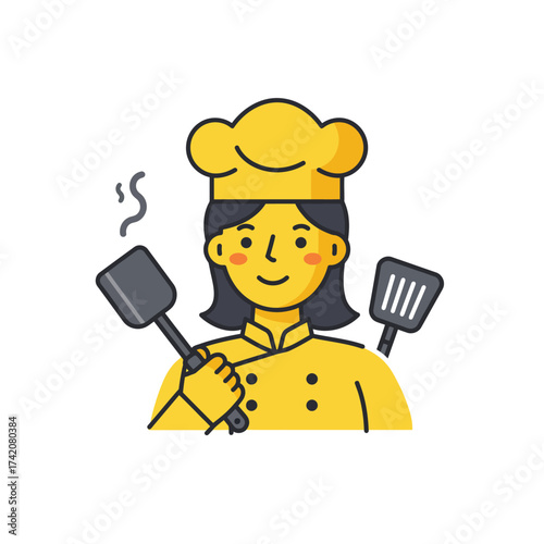 A cheerful female chef in a yellow uniform and hat holds kitchen spatulas, ready to prepare delicious meals with a friendly smile.